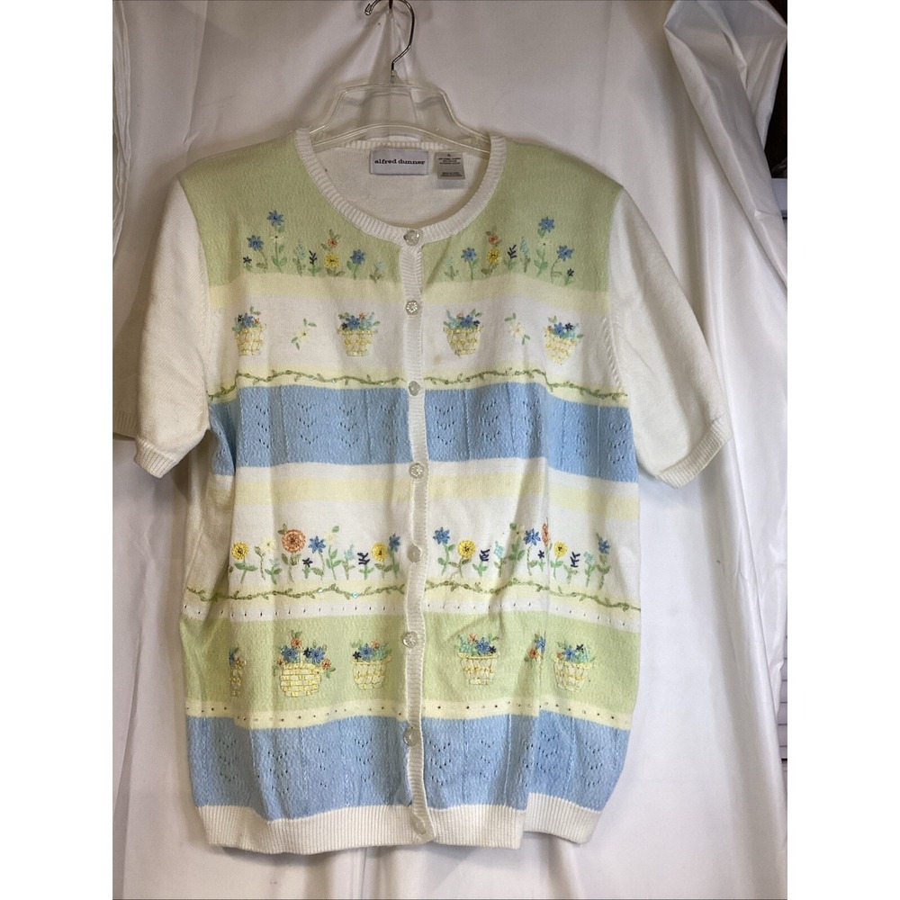 alfred dunner multi colored flowered short sleeve sweater size xl button up